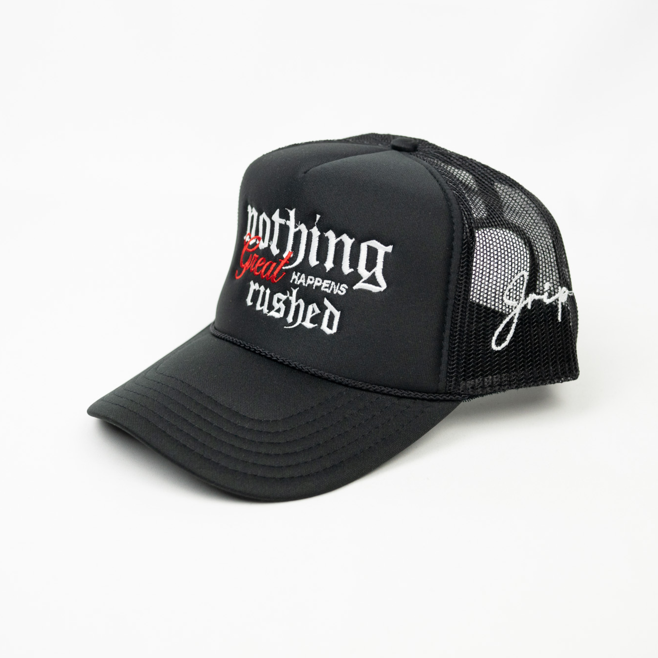 Nothing Great Happens Rushed Trucker Hat (BLACK)