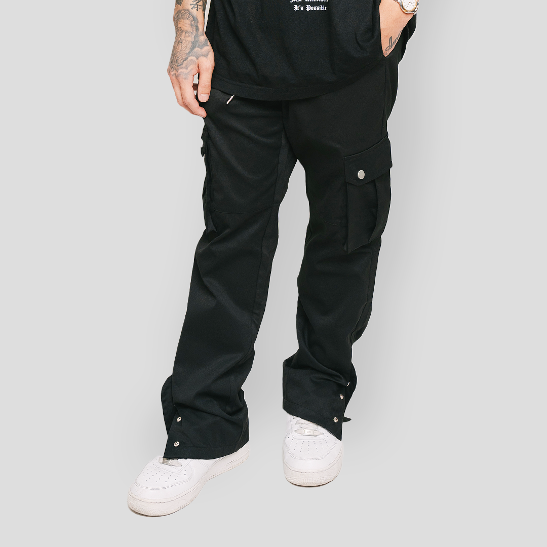 Button-Snap Bottom Cargo Pants (BLACK)