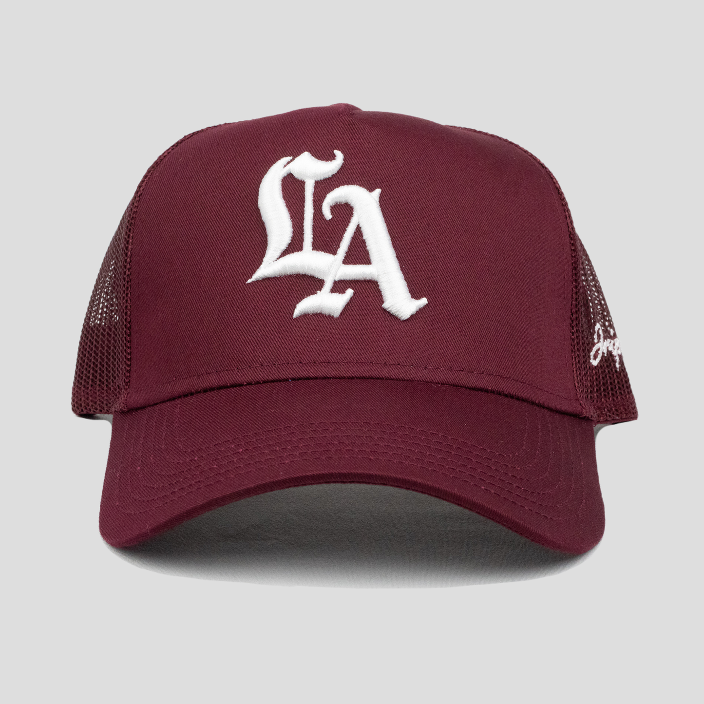 Old English LA Structured Trucker Hat (MAROON)