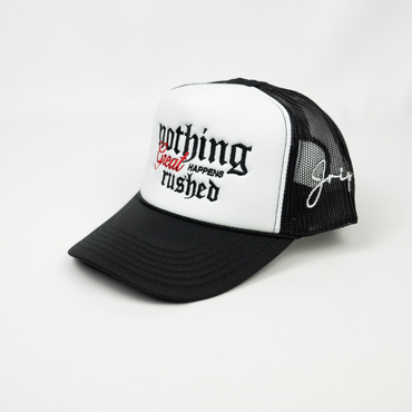 Nothing Great Happens Rushed Trucker Hat (BLACK/WHITE)