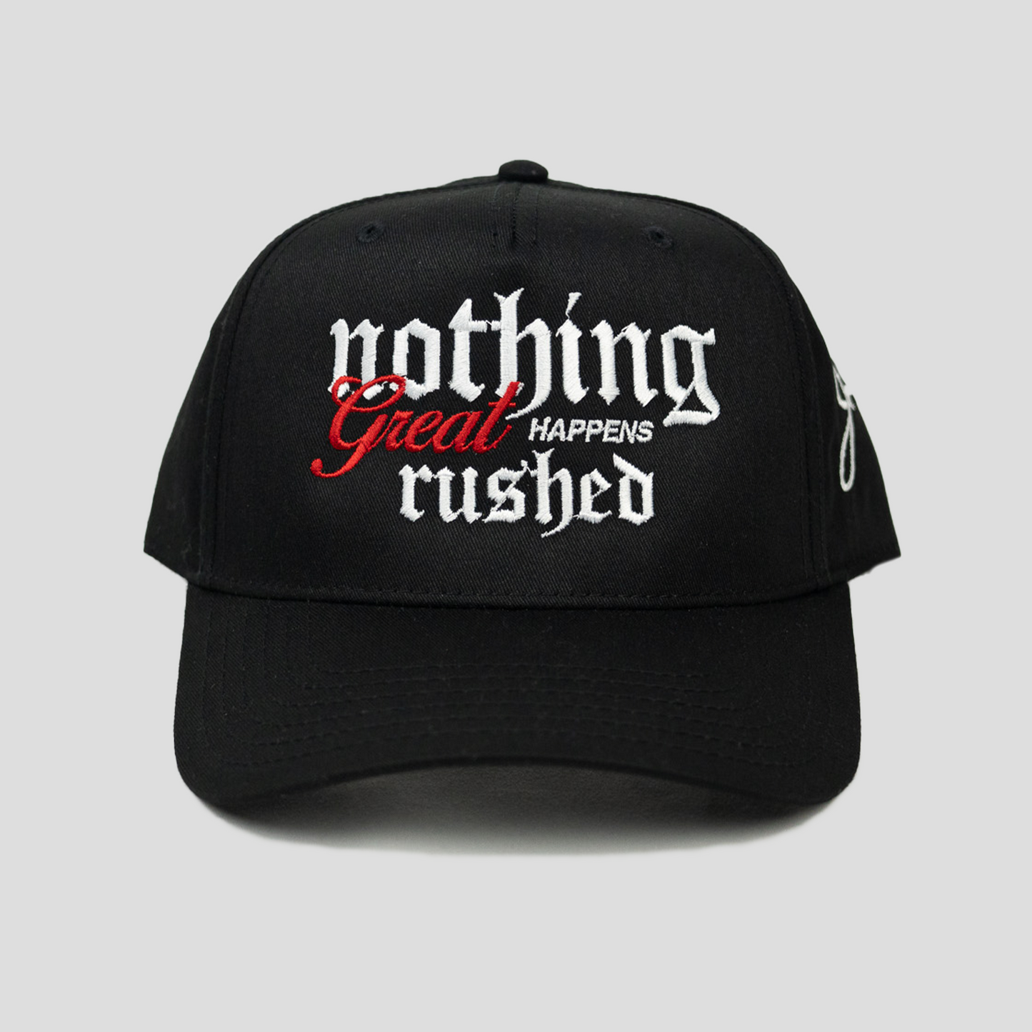 Nothing Great Happens Rushed Snapback Hat (BLACK)