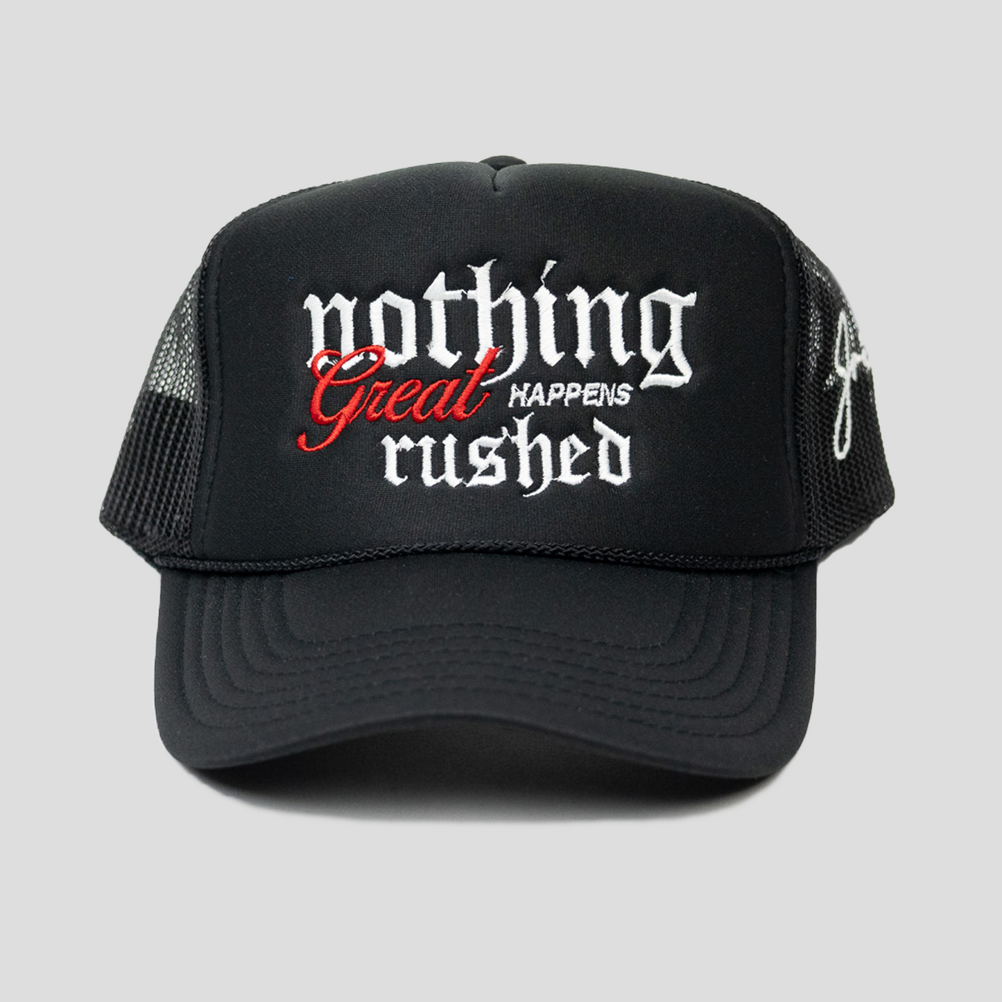 Nothing Great Happens Rushed Trucker Hat (BLACK)