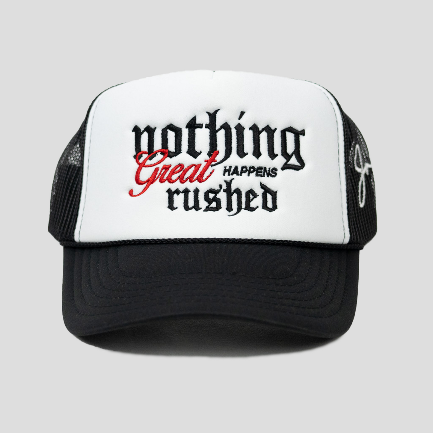 Nothing Great Happens Rushed Trucker Hat (BLACK/WHITE)