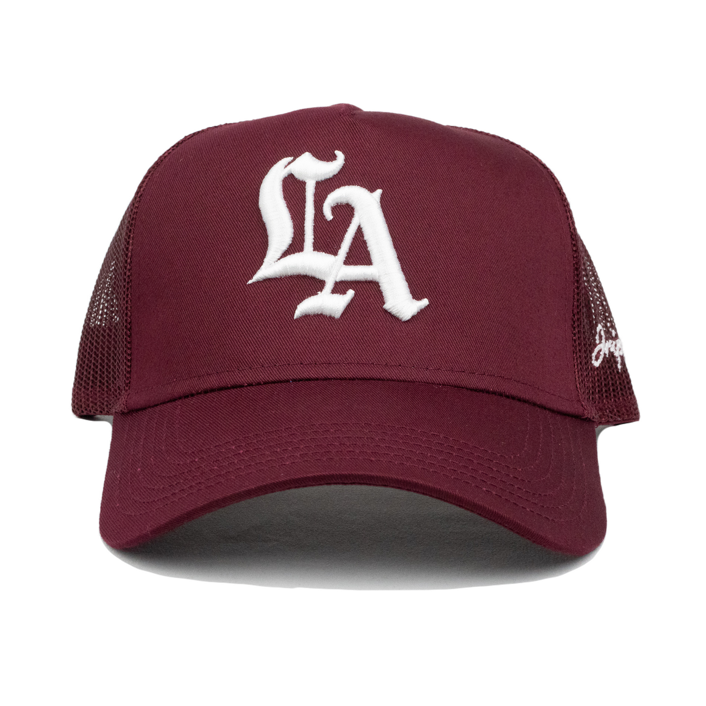 Old English LA Structured Trucker Hat (MAROON)