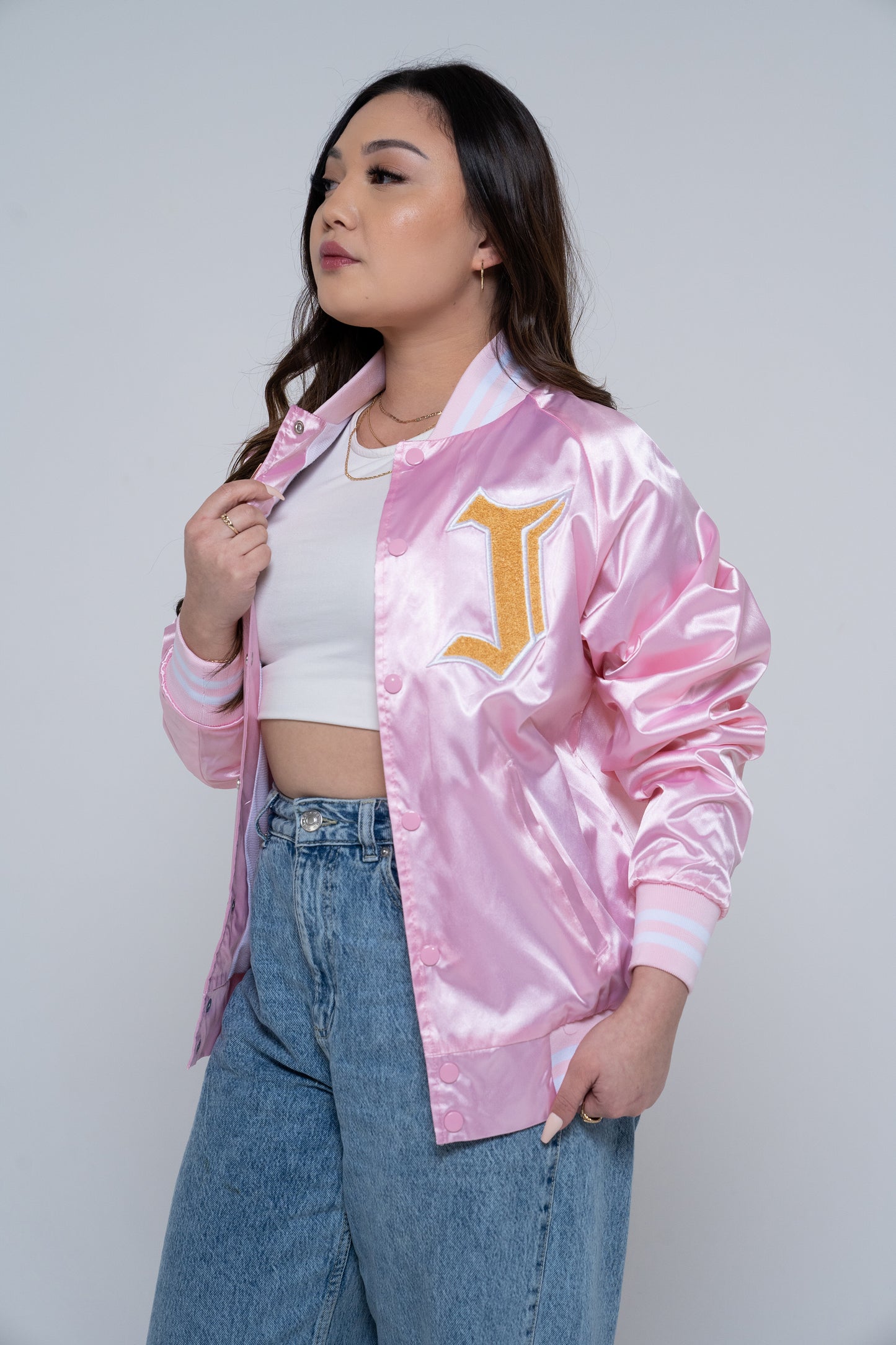 SATIN VARSITY JACKET (PINK)