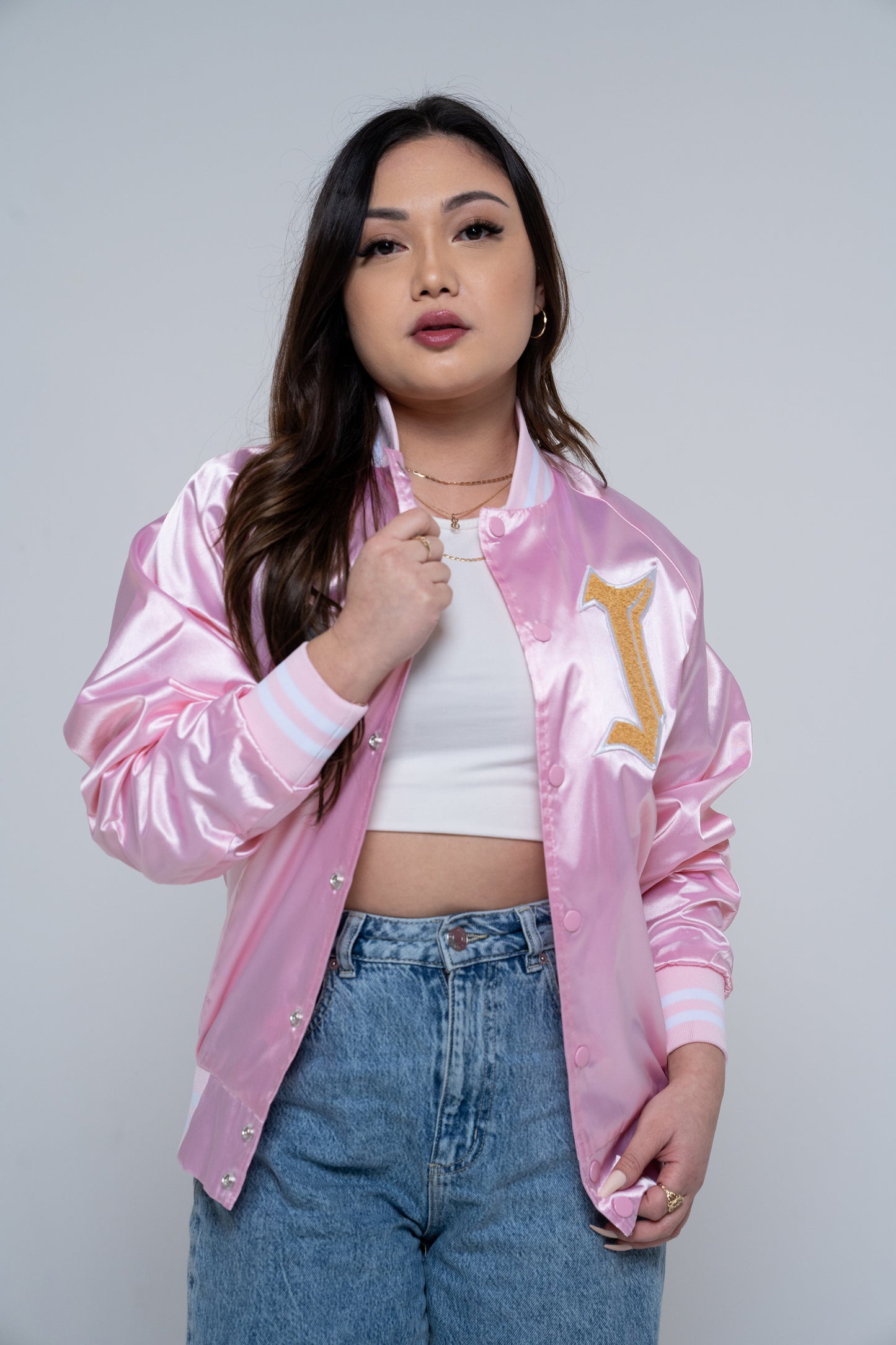 SATIN VARSITY JACKET (PINK)