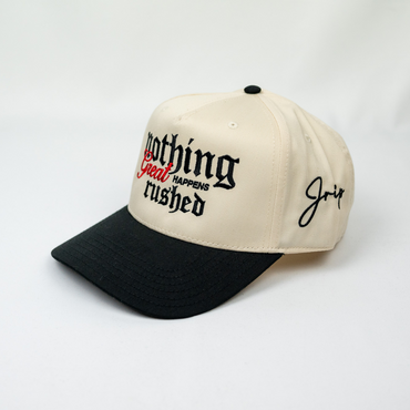 Nothing Great Happens Rushed Snapback Hat (CREAM/BLACK)