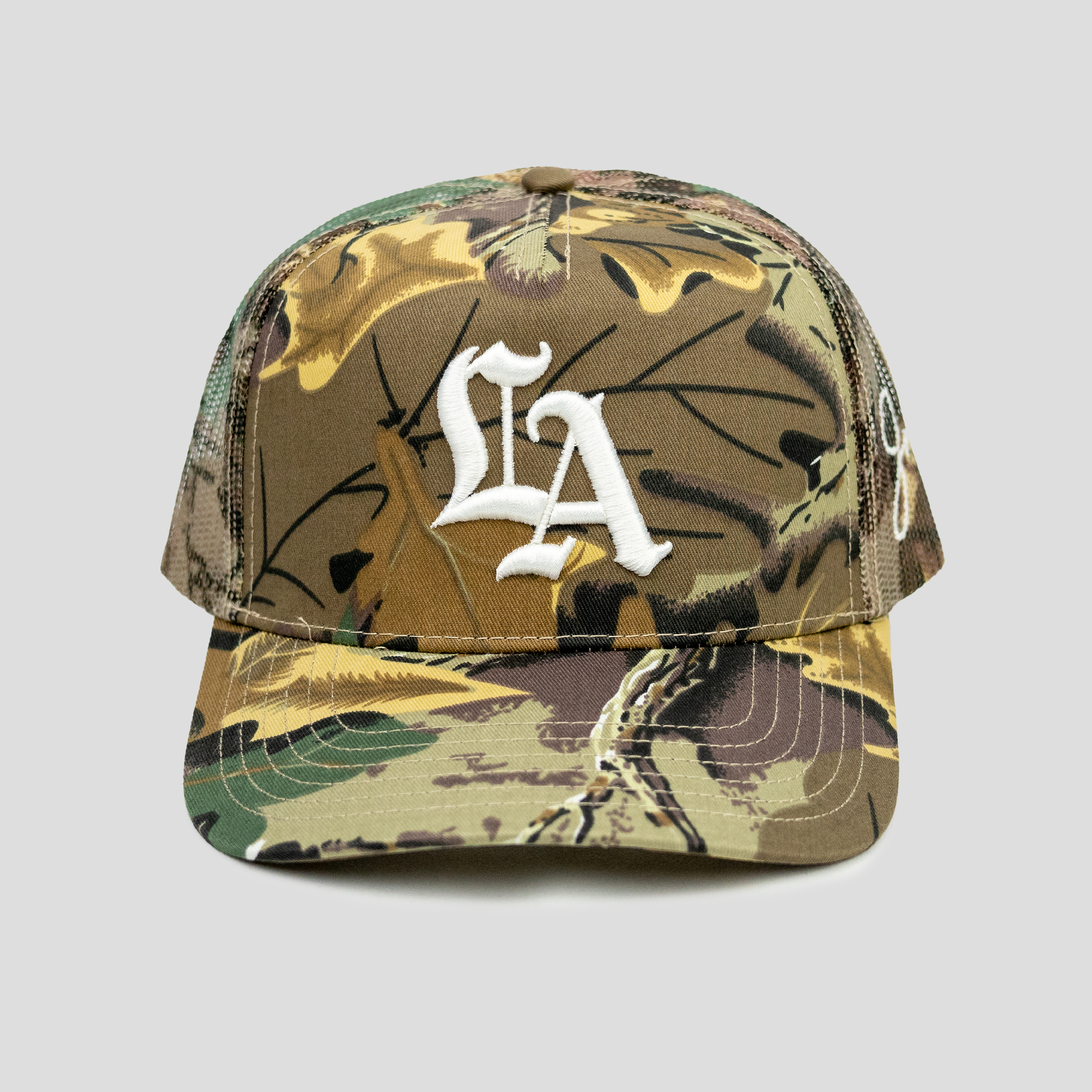 LA Old English Structured Trucker Hat (CAMO)
