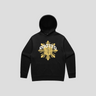 Black hoodie with gold sun design and 'Rooted' text on a gray background
