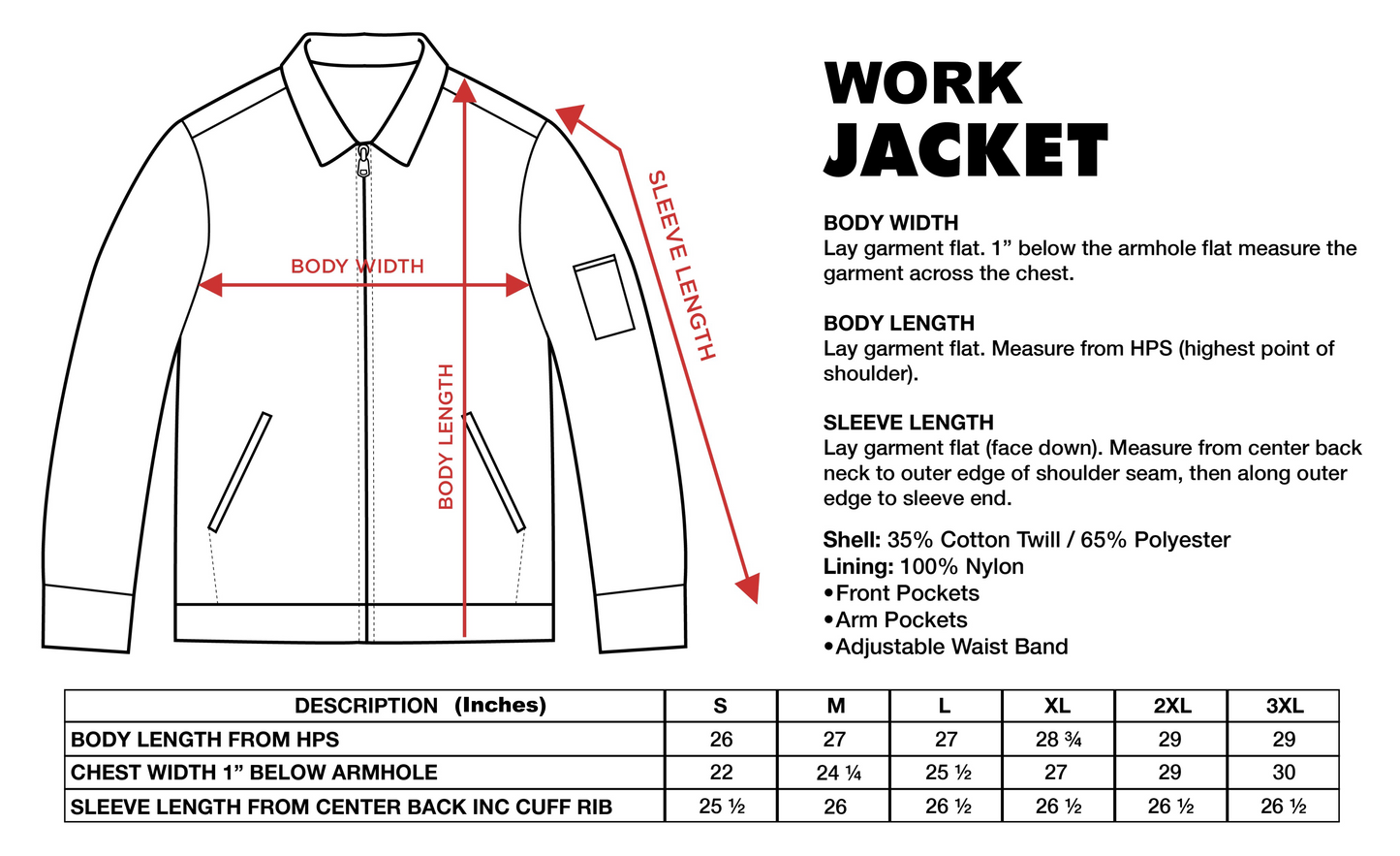Work Jacket Size Chart