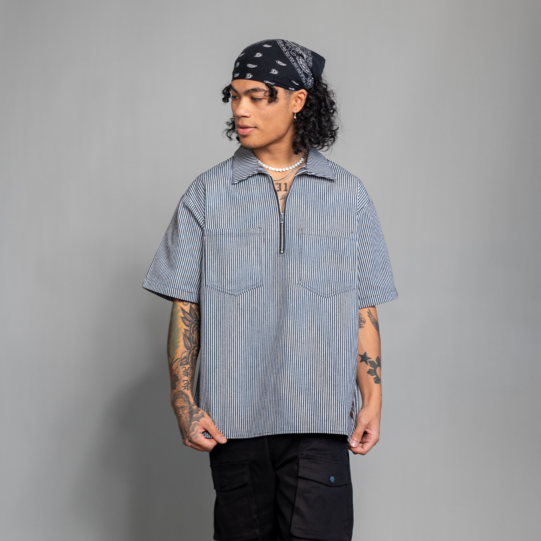 Pinstripe Quarter Zip Work Shirt (GREY/BLACK)